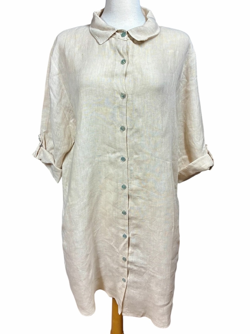 Made In Italy 100% Linen Cream Button-Front Collared Shirt Dress Women's Large